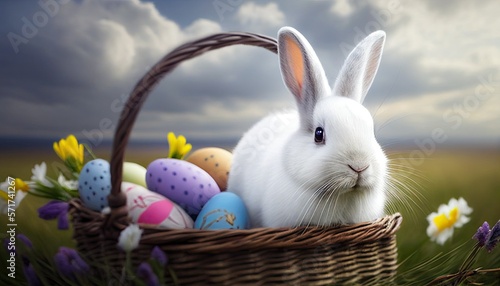 easter bunny in a basket with easter eggs, Generative AI