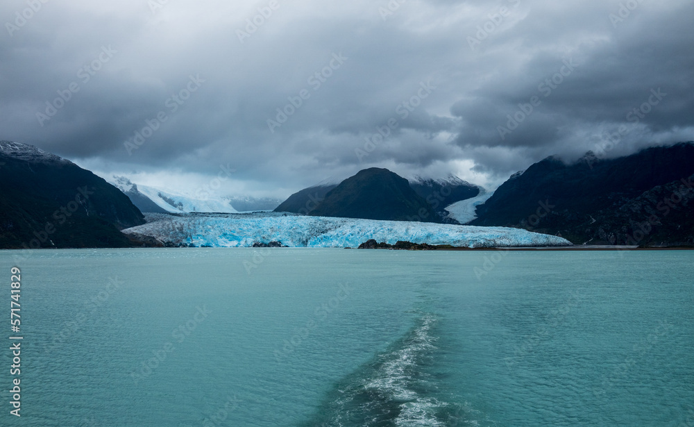 Panorama of Amalia glacier with detail of the fissures and rocks in its path