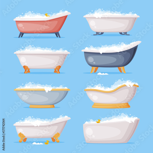 Cast Iron Bathtub on Foot Full of Water with Soap Bubbles Foam Isolated on Blue Background Vector Set