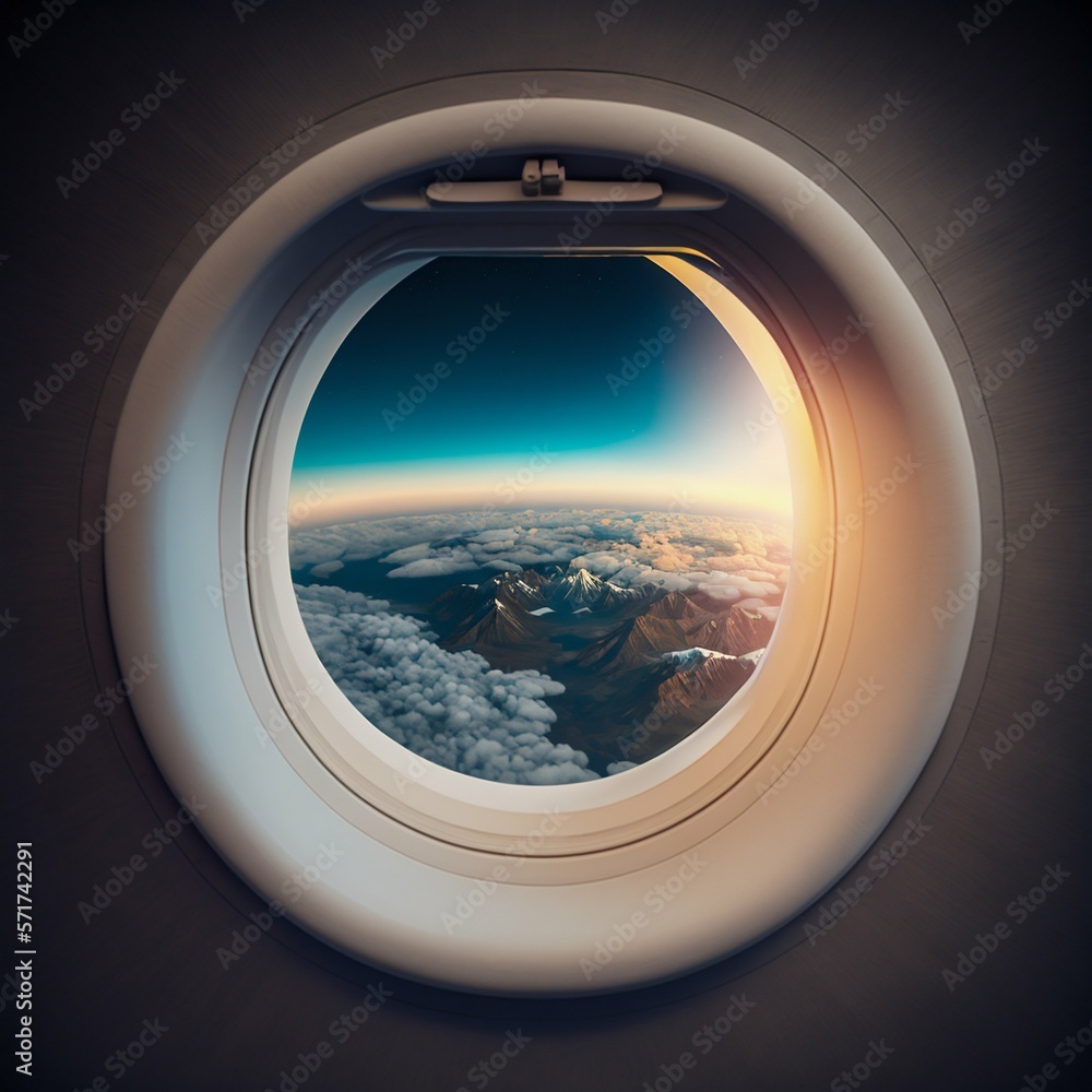 Airplane Window Porthole. Generative AI Airplane Window Porthole. Generative AI