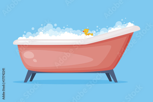 Cast Iron Bathtub on Foot Full of Water with Soap Bubbles Foam and Duck Isolated on Blue Background Vector Illustration