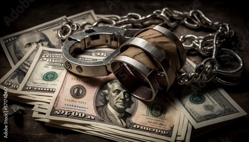 Handcuffs next to money, handcuffs with dollar bills
