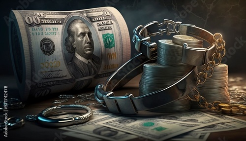 Handcuffs next to money, handcuffs with dollar bills