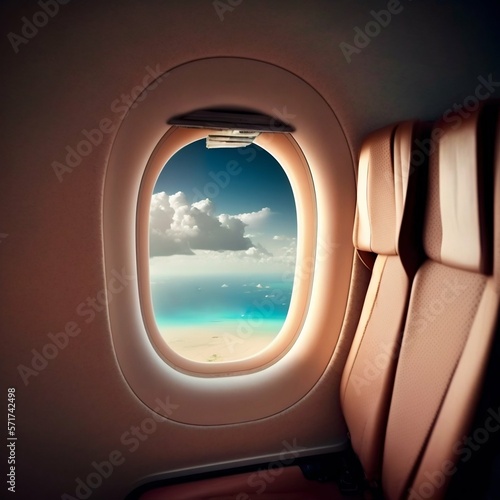 Airplane Window Porthole and Passenger Chair in Business Class. Generative AI
