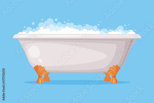 Cast Iron Bathtub on Claw Foot Pedestal Full of Water with Soap Bubbles Foam Isolated on Blue Background Vector Illustration