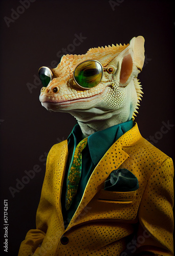Crested Gecko Dressed in Blazer and Glasses. Generative ai
