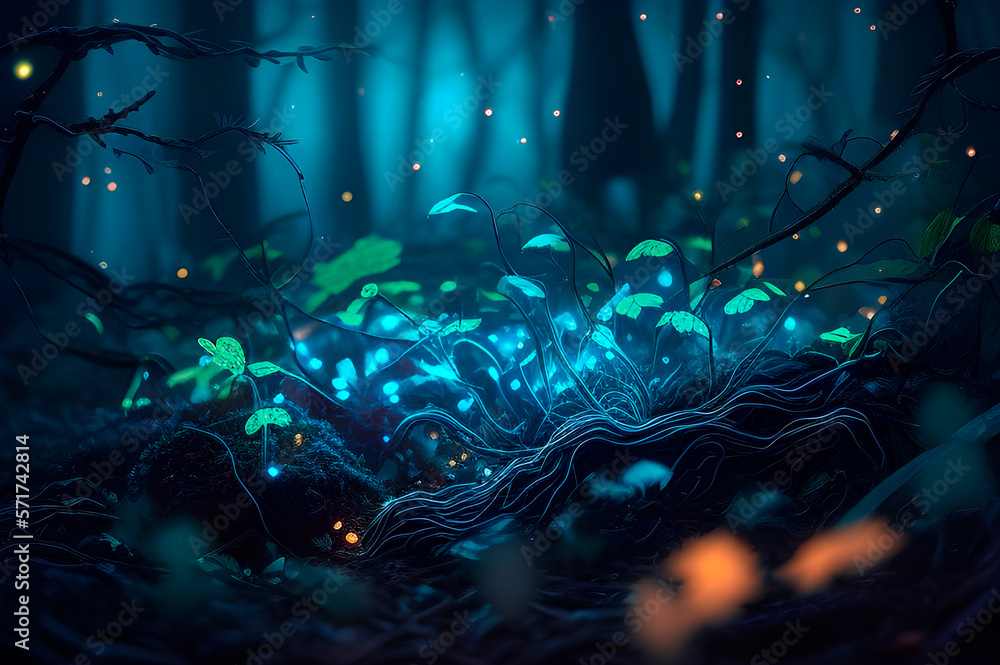 Generative AI, alien mushrooms in a gloomy forest, mushrooms with luminescent lighting, a cinematic drawing.