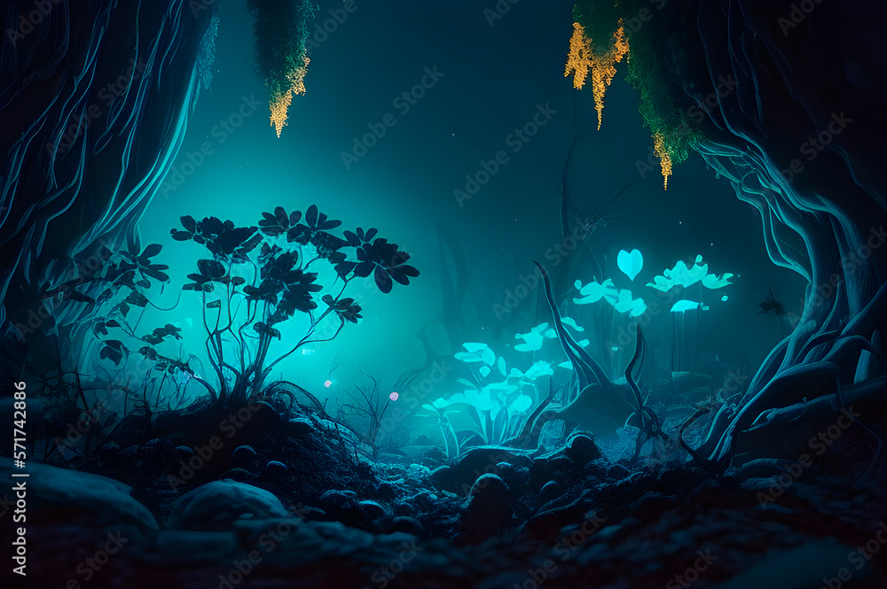Generative AI, alien mushrooms in a gloomy forest, mushrooms with luminescent lighting, a cinematic drawing. Generative AI, alien mushrooms in a gloomy forest, mushrooms with luminescent lighting, a cinematic drawing.
