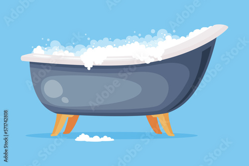 Cast Iron Bathtub on Foot Full of Water with Soap Bubbles Foam Isolated on Blue Background Vector Illustration