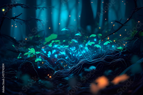 Generative AI  alien mushrooms in a gloomy forest  mushrooms with luminescent lighting  a cinematic drawing.