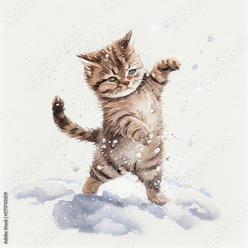 Kitten Playing with Snowflakes in Winter. Generative ai photo