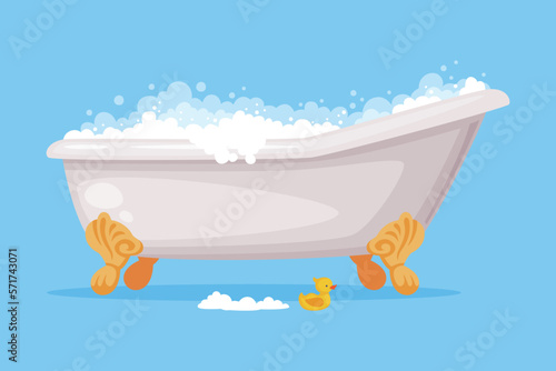 Cast Iron Bathtub on Claw Foot Pedestal Full of Water with Soap Bubbles Foam Isolated on Blue Background Vector Illustration