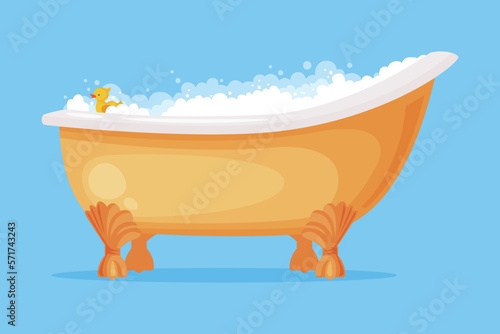 Cast Iron Bathtub on Claw Foot Pedestal Full of Water with Soap Bubbles Foam Isolated on Blue Background Vector Illustration