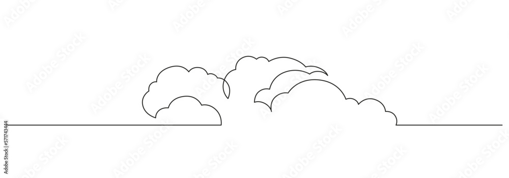 One continuous line drawing of Clouds in the sky. Weather symbol and storage concept in simple linear style. Editable stroke. Doodle vector illustration