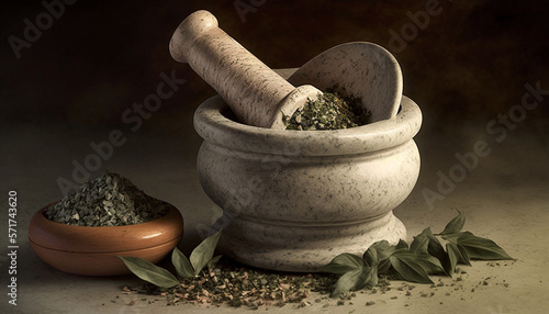 mortar and pestle with dried herbs generative ai photo