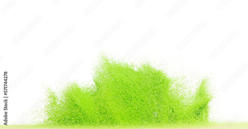 Fototapeta premium Small size green Sand flying explosion, vegetable sands grain wave explode. Abstract cloud fly. Green colored sand splash throwing in Air. White background Isolated high speed shutter, throwing freeze