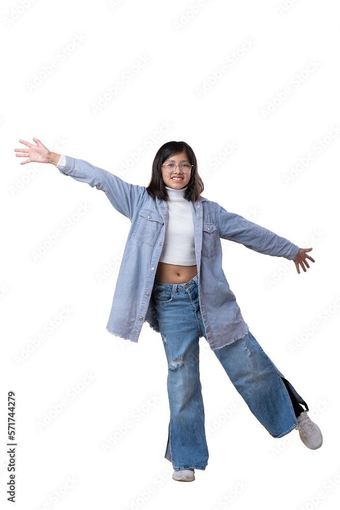 Mexican girl happiness jump, blue jeans