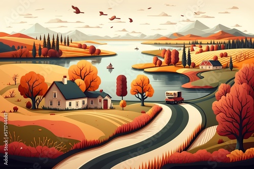 cartoon illustration, rural autumn landscape with riverside agriculture field, ai generative
