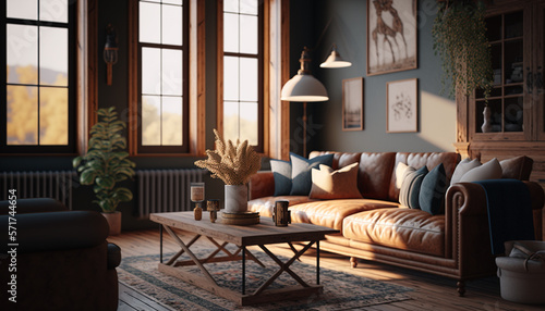 living room with natural materials warm lighting. Generative AI © Putrasatria