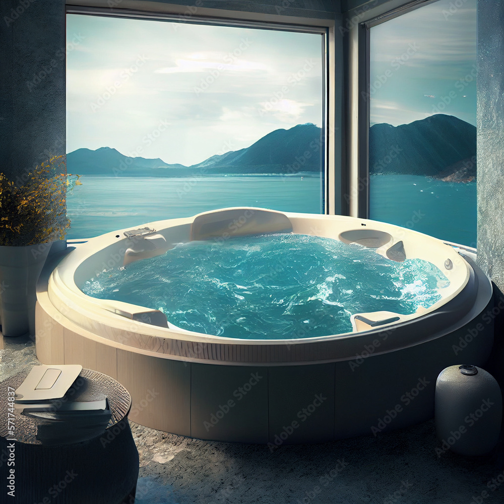 Luxury jacuzzi tub with colorful flower in water with sea and sky view