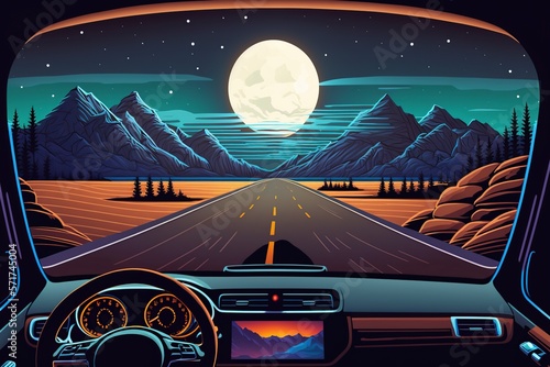 illustration cartoon ,car interior with steering wheel and instrument panel, generative ai