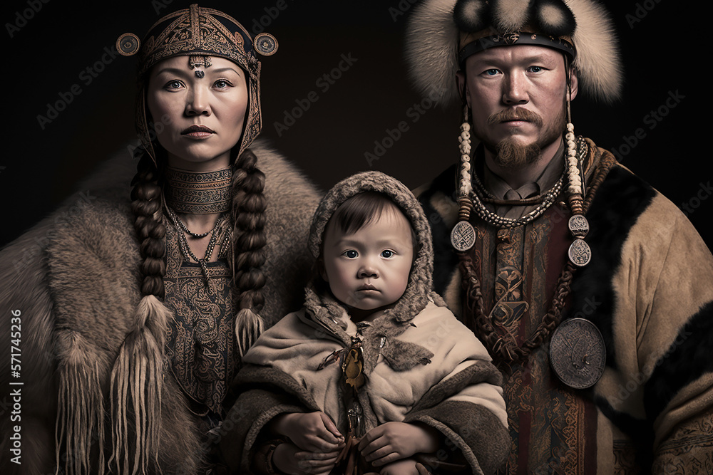 Family portrait from Nenets tribe in Siberia. Ai generated art