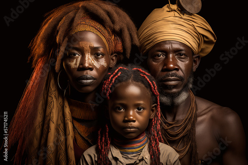 Family portrait from the Bayaka tribe in the Central African Republic. Ai generated art photo