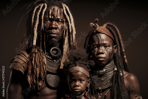 Family portrait of Himba herders tribe in Namibia. Ai generated art