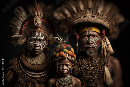 Family portrait of Huli Wigmen tribe from Papua New Guinea. Ai generated art photo