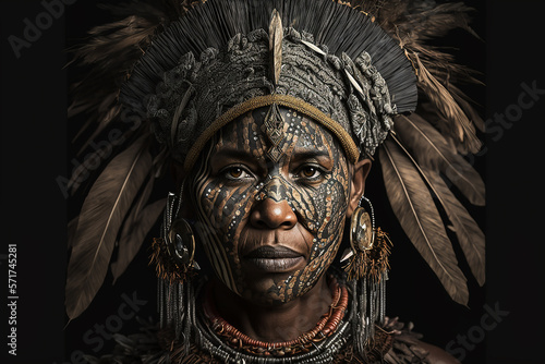 Portrait of Huli Wigmen tribe woman from Papua New Guinea. Ai generated art photo