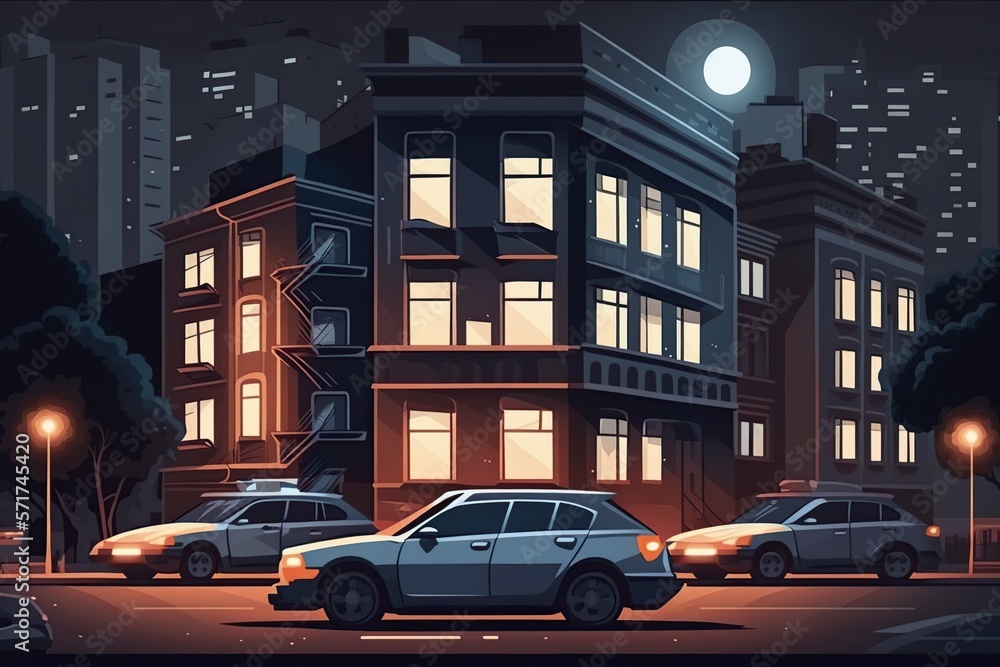 cartoon illustration, cars in the city parking lot with street lamps at night, ai generative
