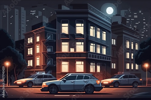 cartoon illustration, cars in the city parking lot with street lamps at night, ai generative © Jorge Ferreiro