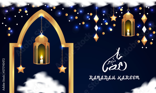 Ramadan kareem greetings islamic festival background with arabic caligraphy, clouds, lanterns, stars, lighting, ornamental decorative background