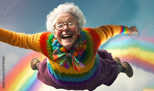Canvastavla Person in the rainbow, old granny falling from the sky