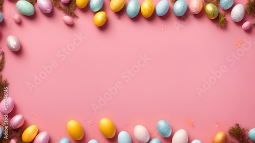 Easter background with decorated eggs, Generative AI © Sunset Vibes