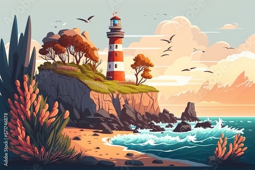 cartoon illustration, lighthouse on the sea coast, ai generative