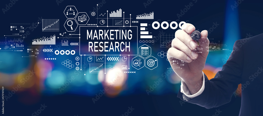 Marketing Research theme with businessman in a city at night Marketing Research theme with businessman in a city at night