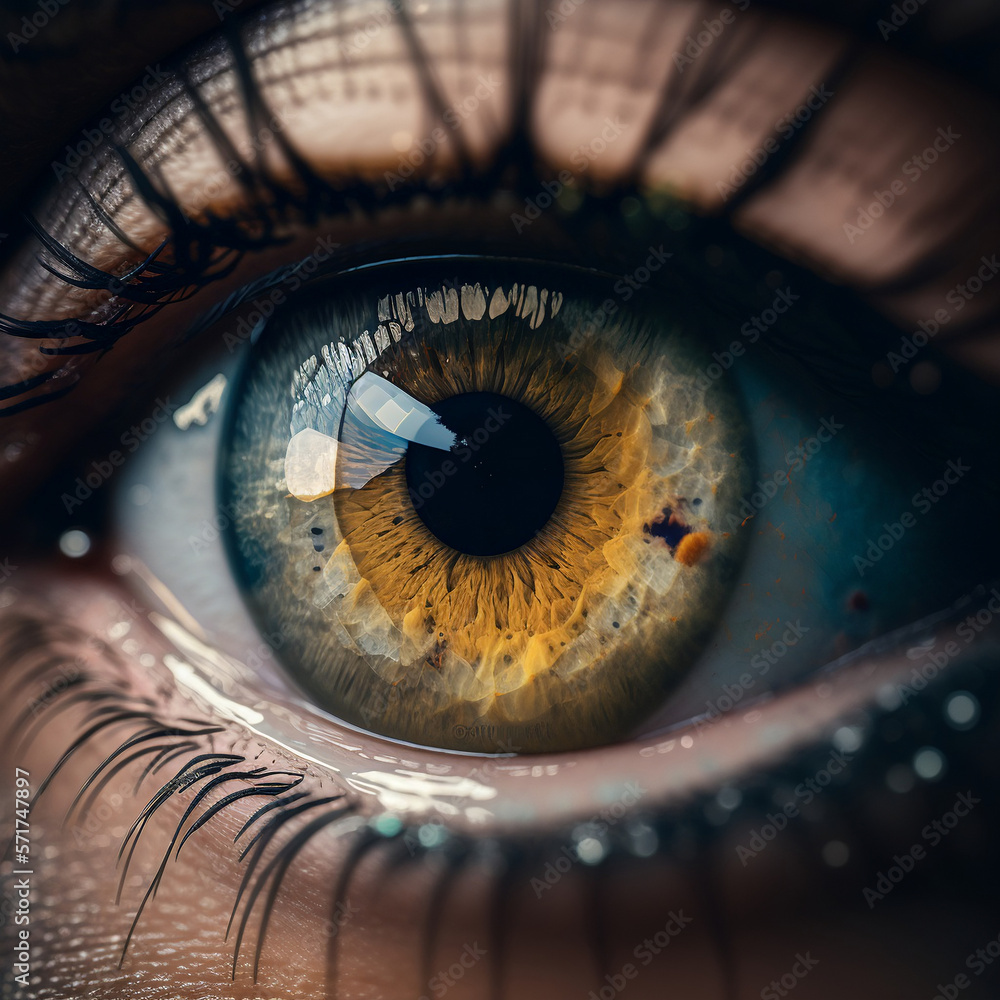 Extreme close up of an eye that is the mirror of the nostalgic moments, nostalgia expression, sad emotion, tears, made with imagination, detailed, using ai
