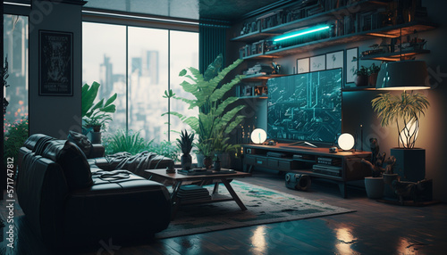 Living room sci-fi futuristic. Generative AI