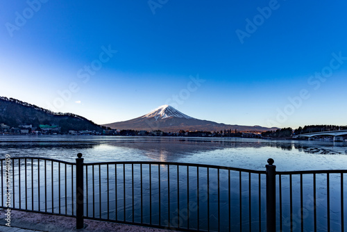 Panorama view of Mt. Fuji and Lake Kawaguchiko are frozen in January.