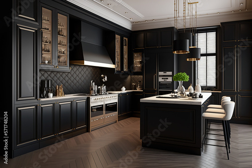 A luxurious modern kitchen in black  white and beige.  Generative AI.