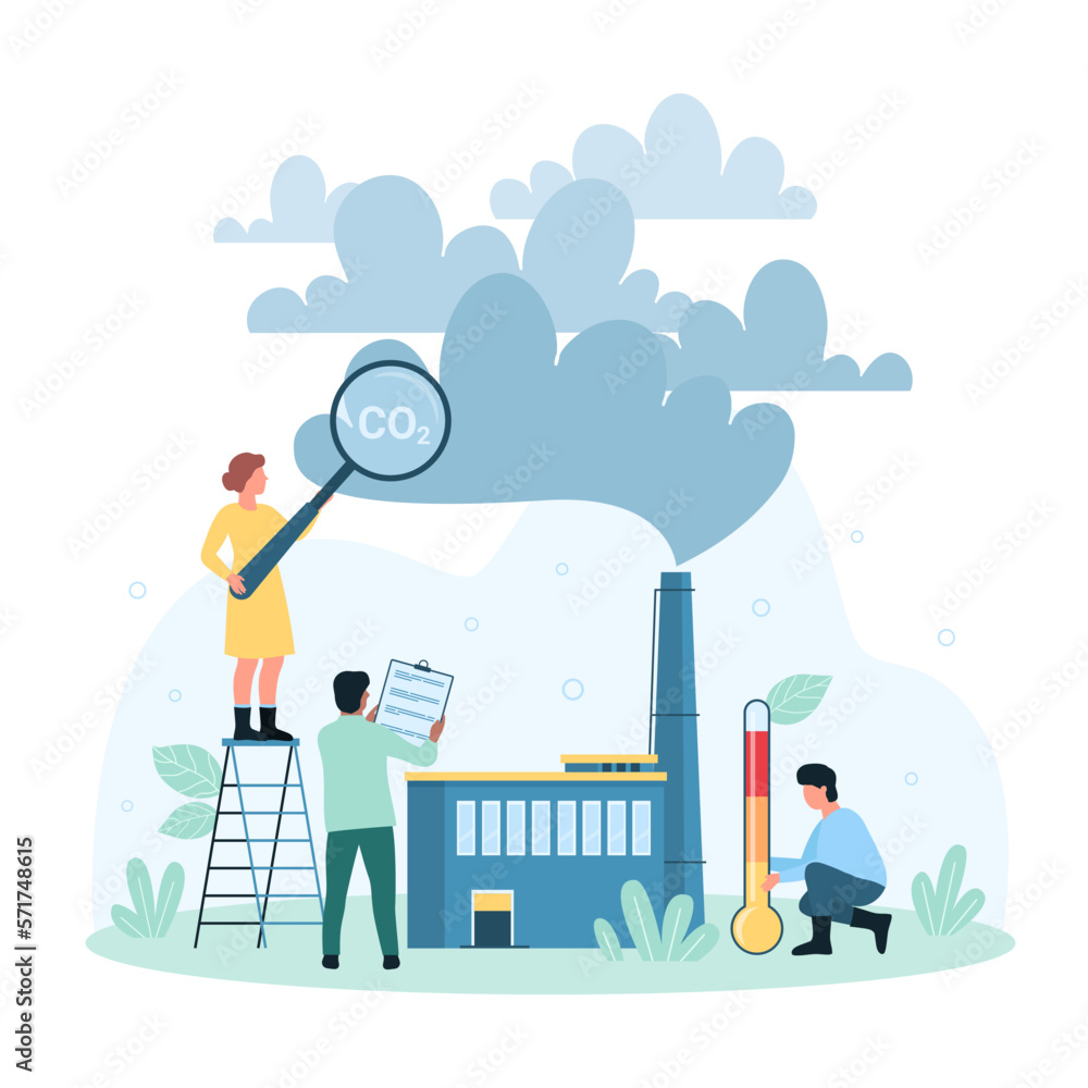 Air pollution with carbon dioxide vector illustration. Cartoon tiny people research with magnifying glass global emission from factory chimney, toxic effects of smog on atmosphere and climate warming