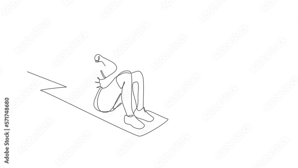 Animated self drawing of single continuous line draw young happy man exercising doing sit up pose on the floor in sport center gym club. Sport training fitness concept. Full length one line animation. Animated self drawing of single continuous line draw young happy man exercising doing sit up pose on the floor in sport center gym club. Sport training fitness concept. Full length one line animation.