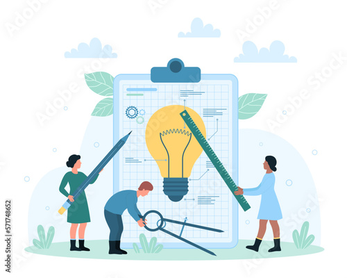 Innovation idea and design vector illustration. Cartoon tiny people hold pencil, compass and ruler to create light bulb project and creative invention, technical team thinking on startup scheme