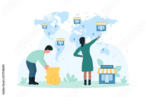 Franchise, global business expansion vector illustration. Cartoon tiny people holding money coins to expand company, plan investment in brand branches and new franchise enterprises on world map