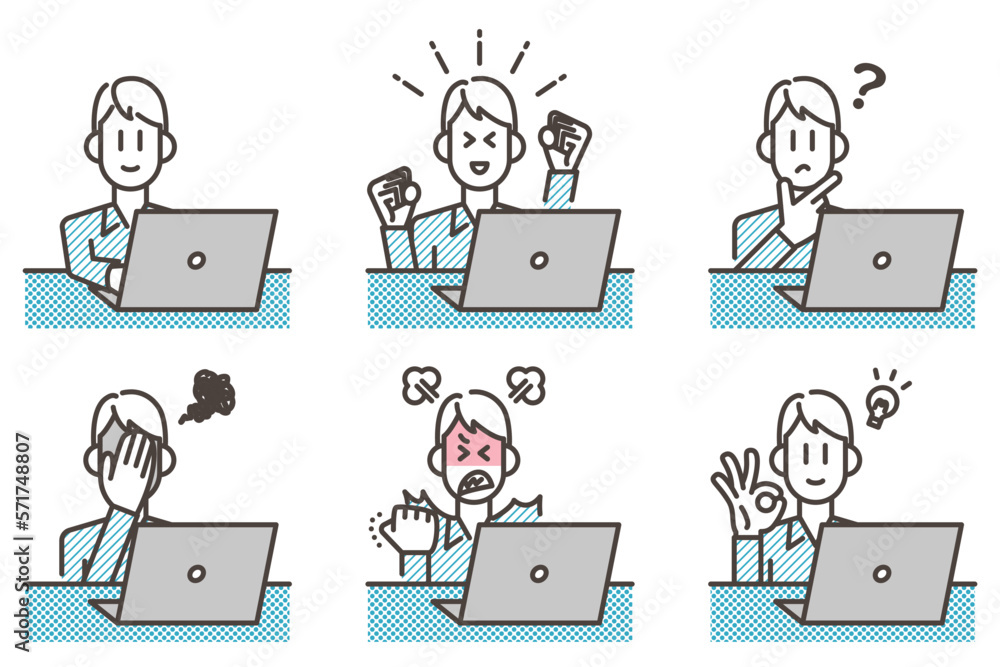 Laptop and emotional variations of a young man (vector illustration material) Laptop and emotional variations of a young man (vector illustration material)