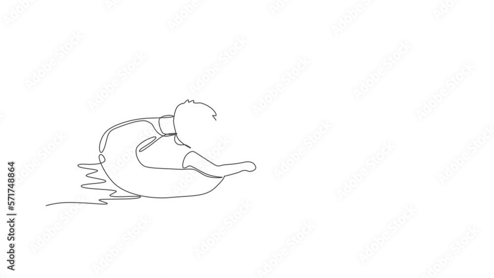 Animated self drawing of single continuous line draw young happy boy playing with floating ring in gym swimming pool center. Summer holidays and vacation concept. Full length one line animation. Animated self drawing of single continuous line draw young happy boy playing with floating ring in gym swimming pool center. Summer holidays and vacation concept. Full length one line animation.