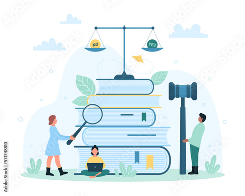 Law and justice, judicial service vector illustration. Cartoon tiny people holding symbols of legal government court, magnifying glass and judges gavel, lawyers books and balance scale of judgment