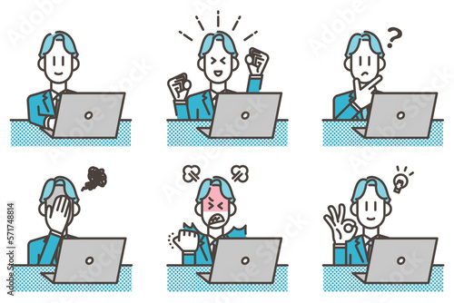 Emotional variations of a young male businessperson looking at a laptop computer [Vector illustration].