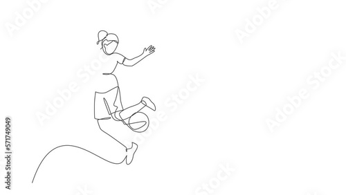 Animation of one line drawing young happy woman perform soccer freestyle, juggling ball at the city square. Football freestyler sport concept. Continuous line self draw animated. Full length motion. photo